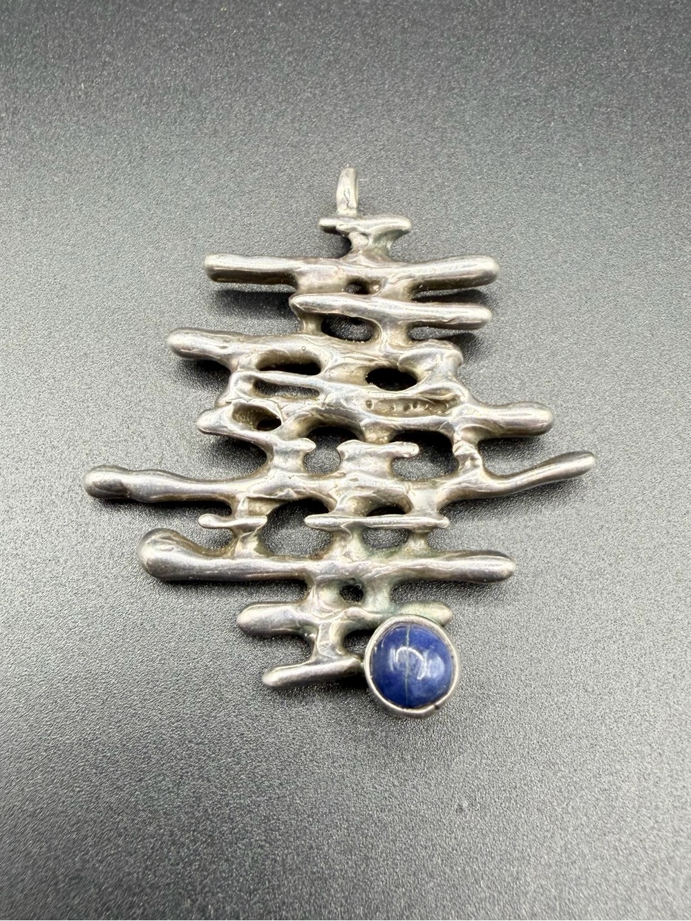 Vintage Sterling Silver 925 Modernist Brutalist Pendant Heavy Blue Stone Jewelry